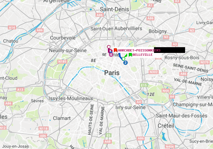 plan itinéraire ratp de Belleville à Marcadet-Poissonniers