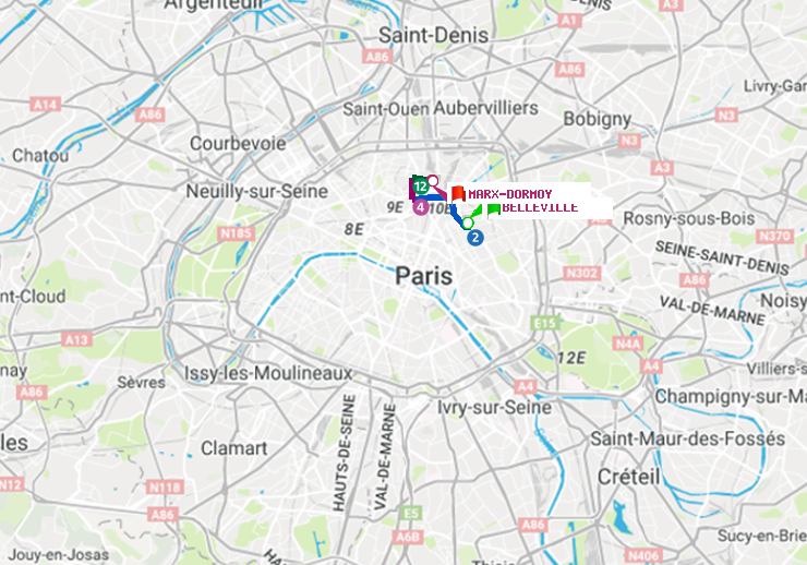 plan itinéraire ratp de Belleville à Marx-Dormoy