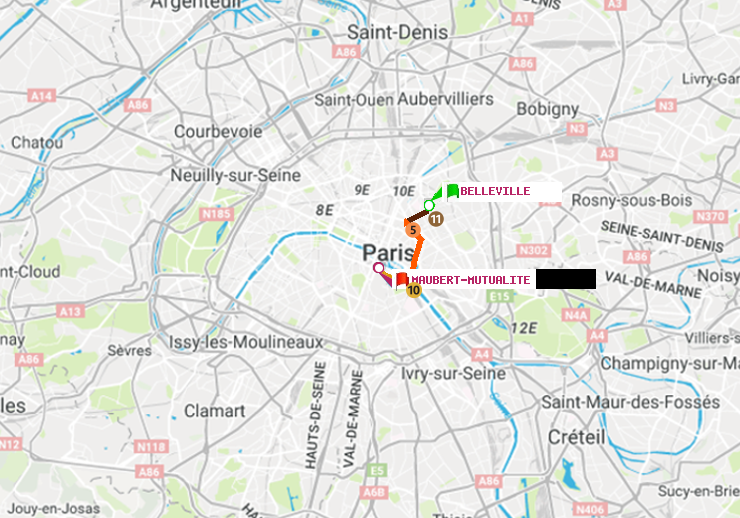 plan itinéraire ratp de Belleville à Maubert-Mutualité