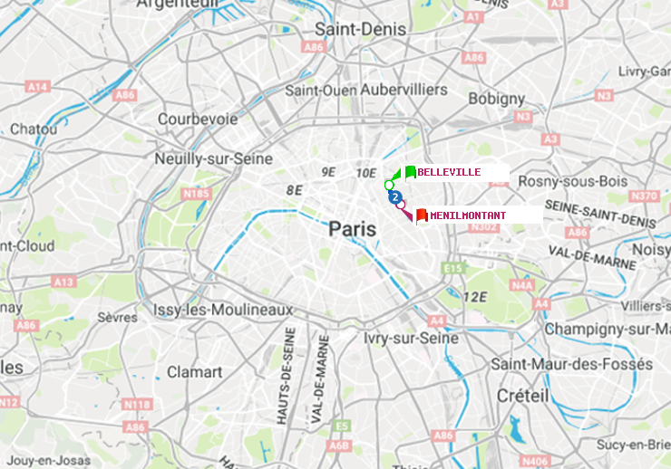 plan itinéraire ratp de Belleville à Ménilmontant