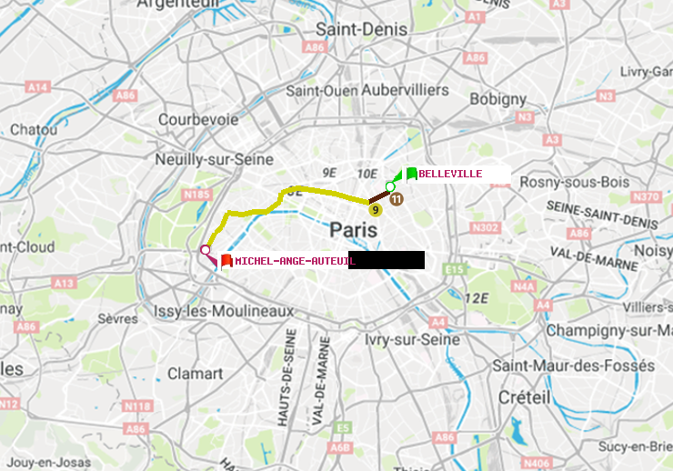 plan itinéraire ratp de Belleville à Michel-Ange-Auteuil
