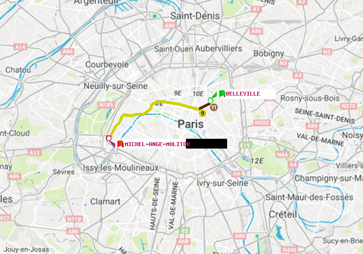 plan itinéraire ratp de Belleville à Michel-Ange-Molitor