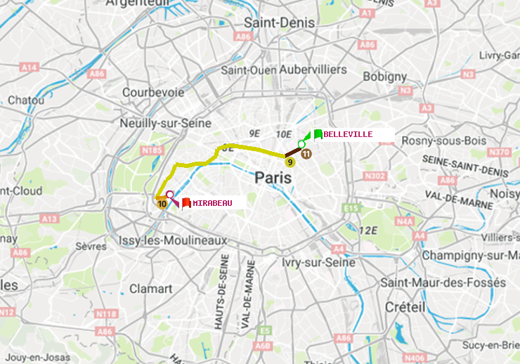 plan itinéraire ratp de Belleville à Mirabeau