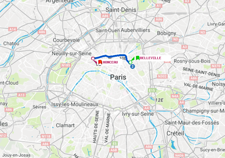 plan itinéraire ratp de Belleville à Monceau