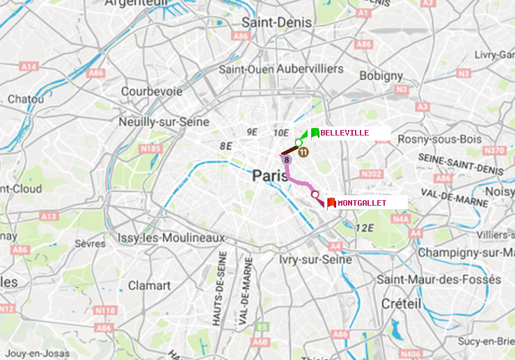 plan itinéraire ratp de Belleville à Montgallet