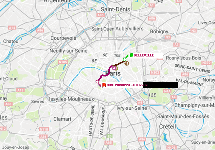 plan itinéraire ratp de Belleville à Montparnasse-Bienvenue