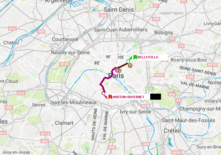 plan itinéraire ratp de Belleville à Mouton-Duvernet