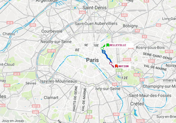 plan itinéraire ratp de Belleville à Nation