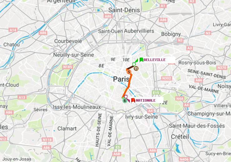 plan itinéraire ratp de Belleville à Nationale