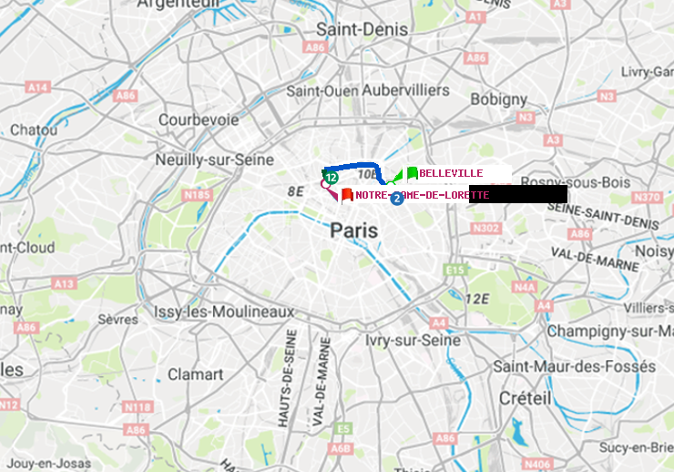 plan itinéraire ratp de Belleville à Notre-Dame de Lorette