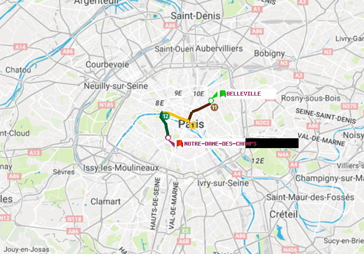 plan itinéraire ratp de Belleville à Notre-Dame des Champs
