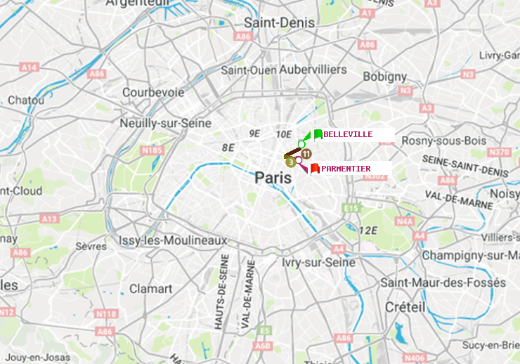 plan itinéraire ratp de Belleville à Parmentier