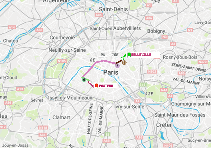 plan itinéraire ratp de Belleville à Pasteur