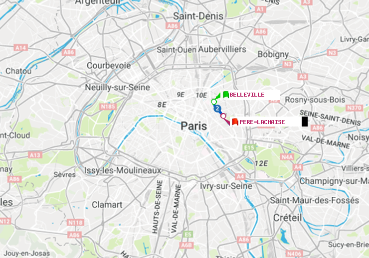 plan itinéraire ratp de Belleville à Père-Lachaise