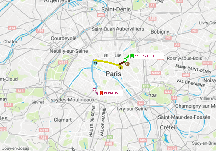 plan itinéraire ratp de Belleville à Pernety