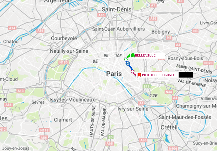 plan itinéraire ratp de Belleville à Philippe Auguste