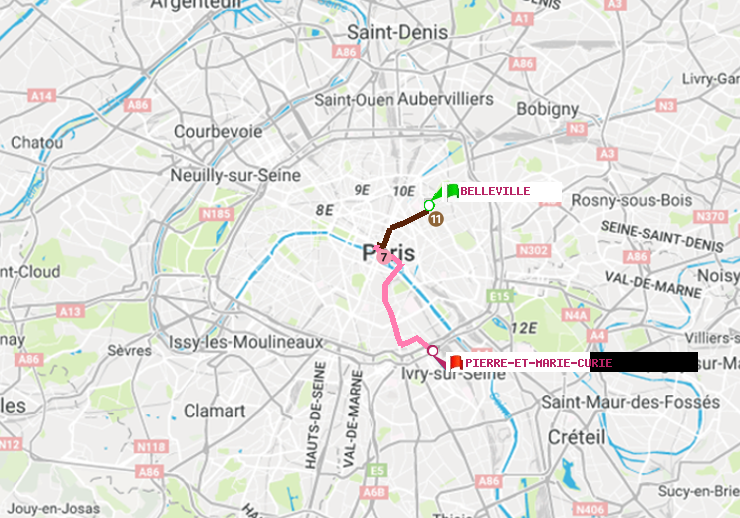 plan itinéraire ratp de Belleville à Pierre et Marie Curie