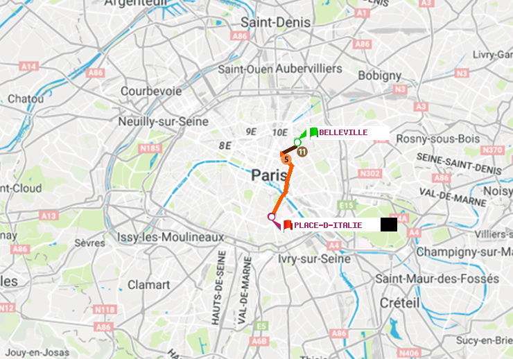 plan itinéraire ratp de Belleville à Place d