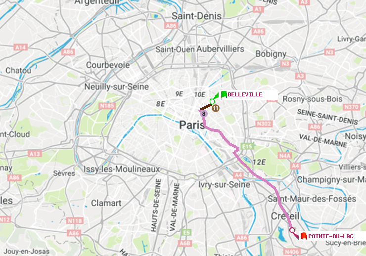 plan itinéraire ratp de Belleville à Pointe du Lac