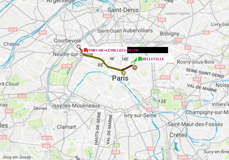 plan itinéraire ratp de Belleville à Pont de Levallois-Bécon