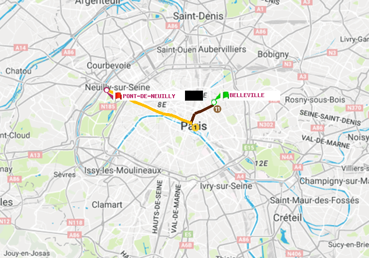 plan itinéraire ratp de Belleville à Pont de Neuilly