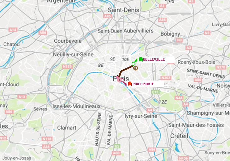 plan itinéraire ratp de Belleville à Pont Marie (Cité des Arts)