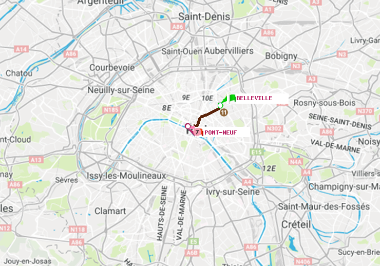plan itinéraire ratp de Belleville à Pont Neuf