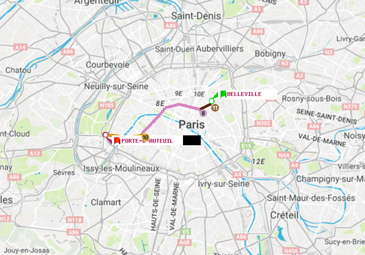 plan itinéraire ratp de Belleville à Porte d
