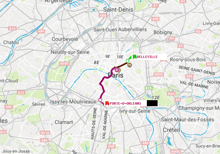 plan itinéraire ratp de Belleville à Porte d
