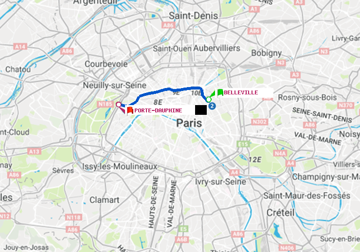 plan itinéraire ratp de Belleville à Porte Dauphine (Maréchal de Lattre de Tassigny)