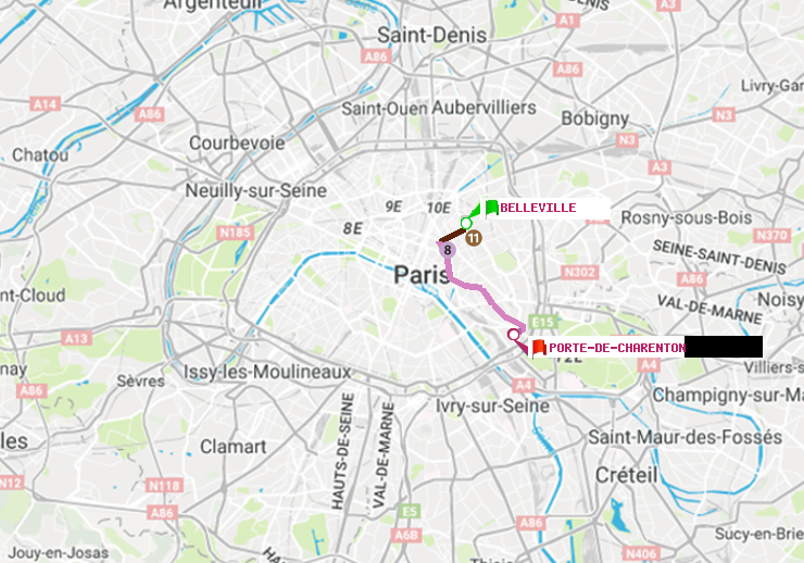 plan itinéraire ratp de Belleville à Porte de Charenton