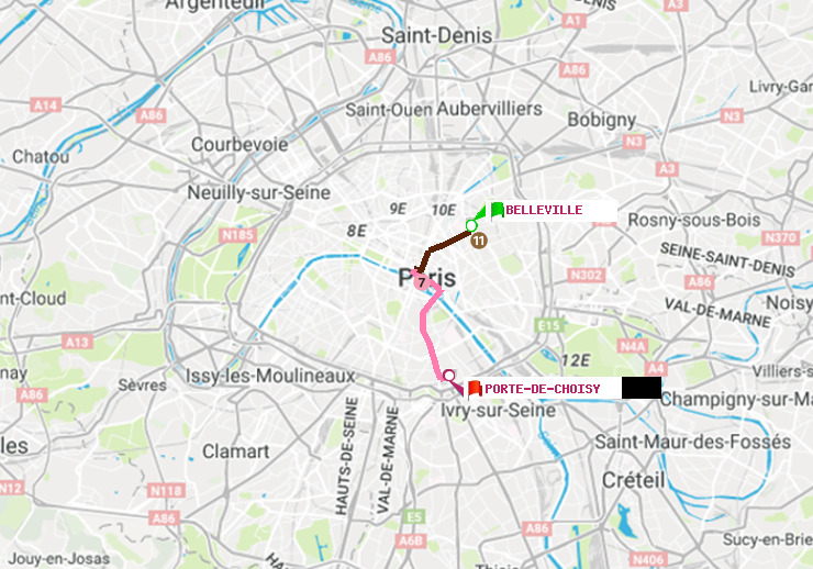 plan itinéraire ratp de Belleville à Porte de Choisy