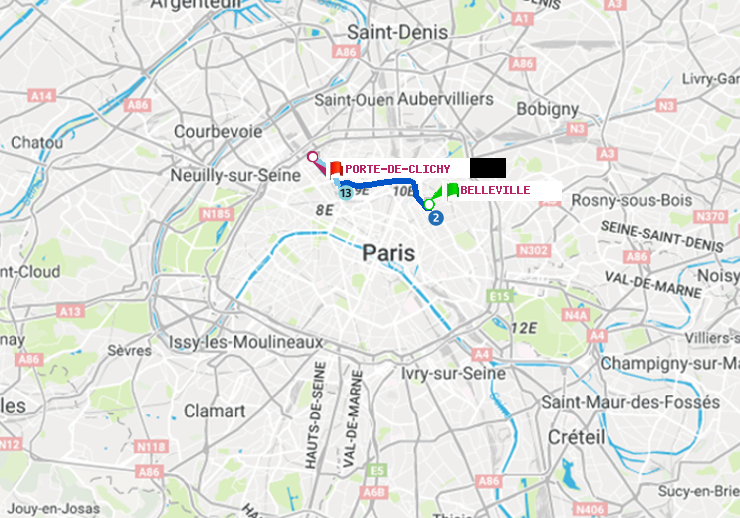 plan itinéraire ratp de Belleville à Porte de Clichy
