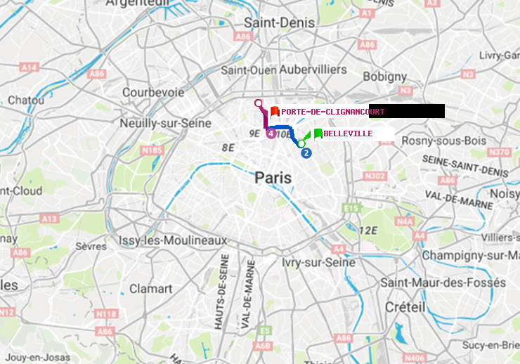 plan itinéraire ratp de Belleville à Porte de Clignancourt