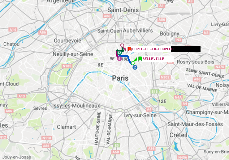plan itinéraire ratp de Belleville à Porte de la Chapelle