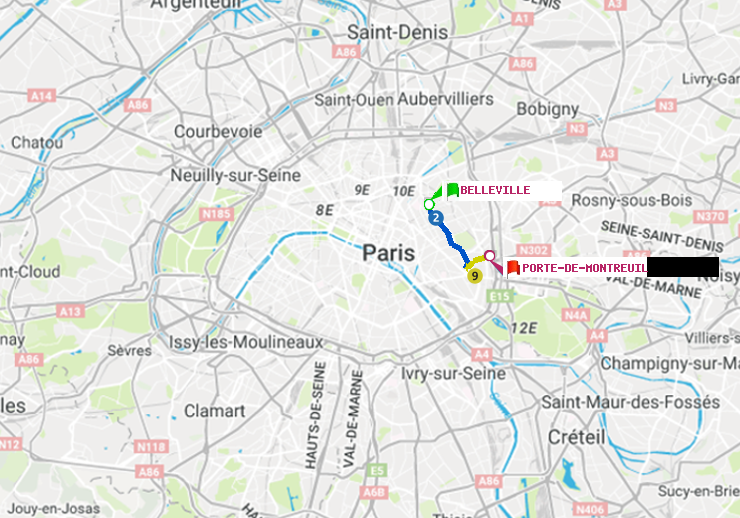 plan itinéraire ratp de Belleville à Porte de Montreuil