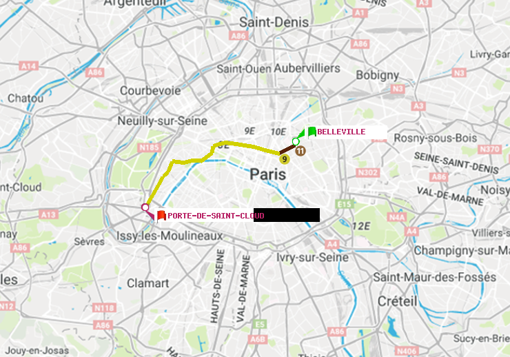 plan itinéraire ratp de Belleville à Porte de Saint-Cloud