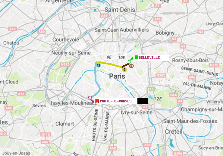 plan itinéraire ratp de Belleville à Porte de Vanves