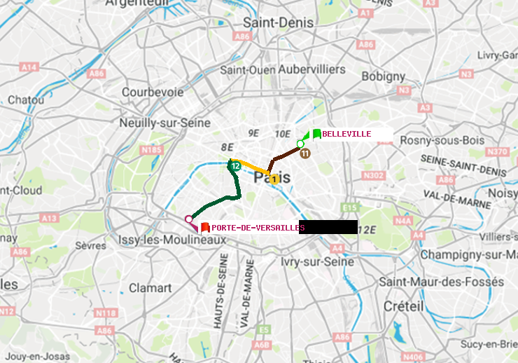 plan itinéraire ratp de Belleville à Porte de Versailles