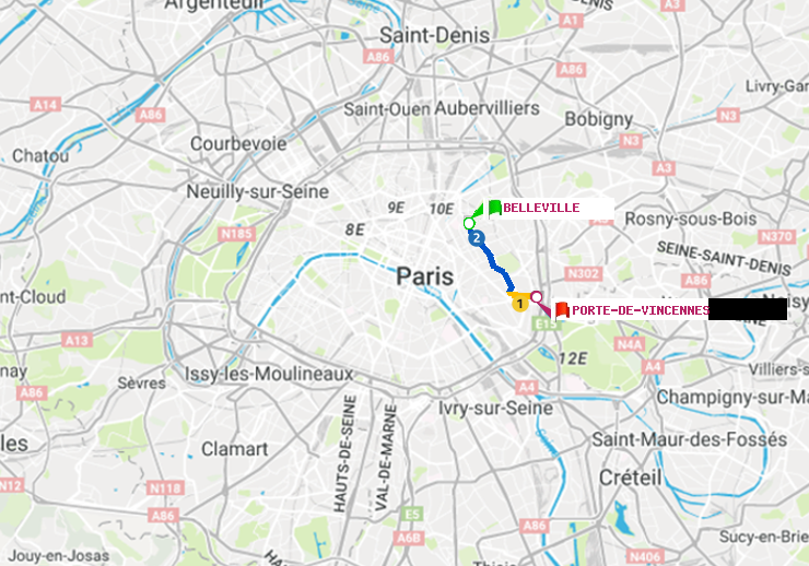 plan itinéraire ratp de Belleville à Porte de Vincennes