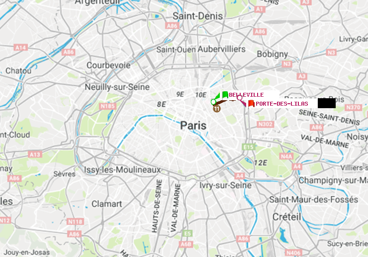 plan itinéraire ratp de Belleville à Porte des Lilas