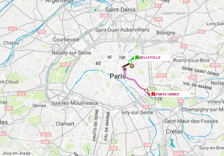 plan itinéraire ratp de Belleville à Porte Dorée