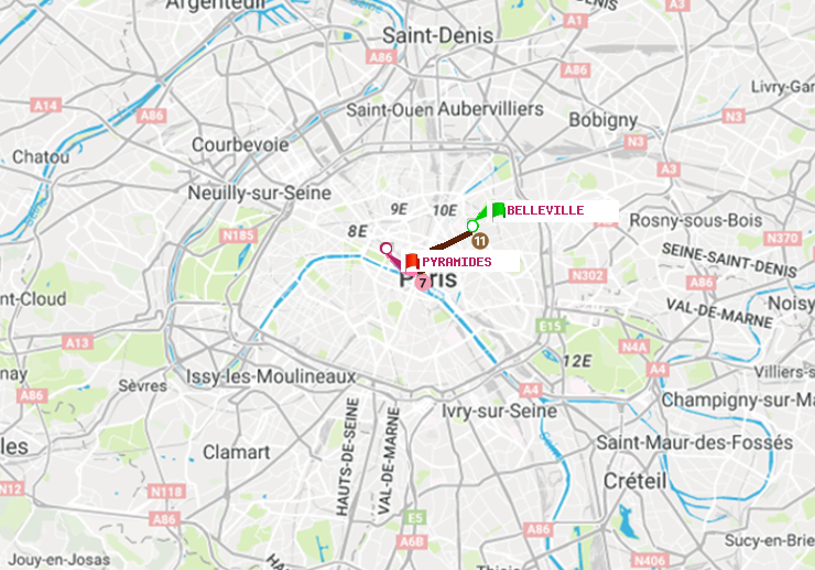 plan itinéraire ratp de Belleville à Pyramides