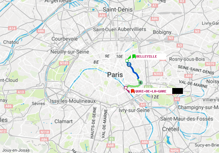 plan itinéraire ratp de Belleville à Quai de la Gare
