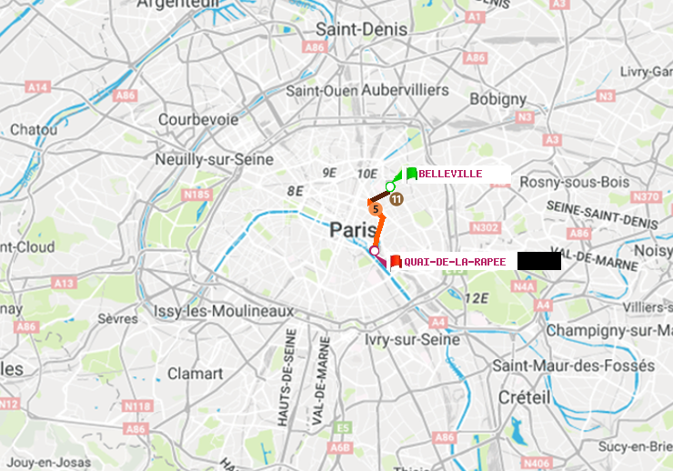 plan itinéraire ratp de Belleville à Quai de la Rapée