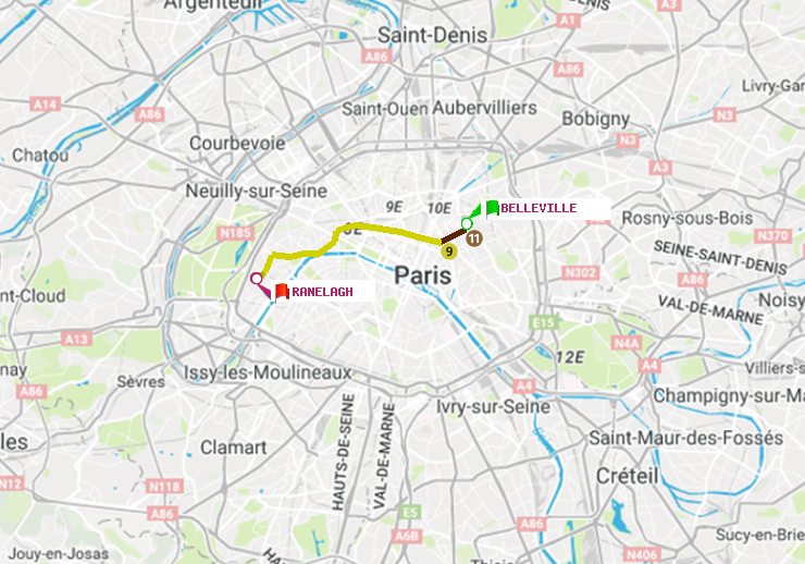 plan itinéraire ratp de Belleville à Ranelagh