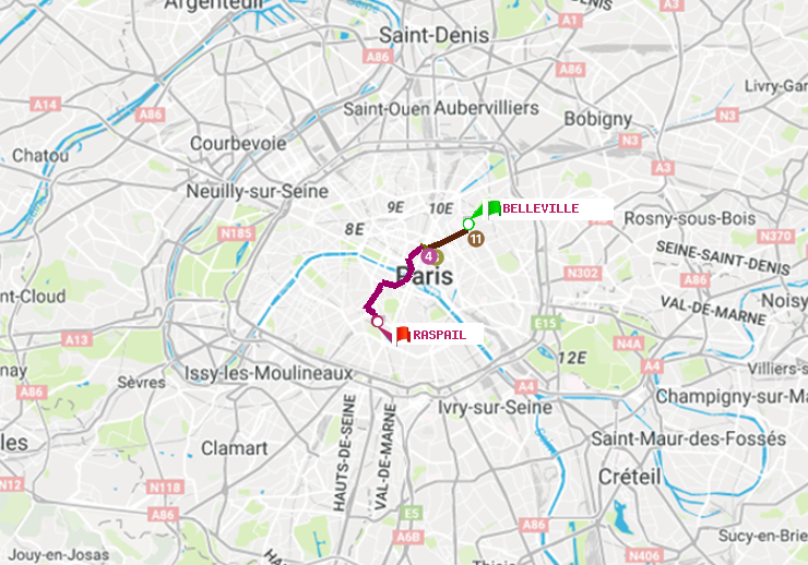 plan itinéraire ratp de Belleville à Raspail