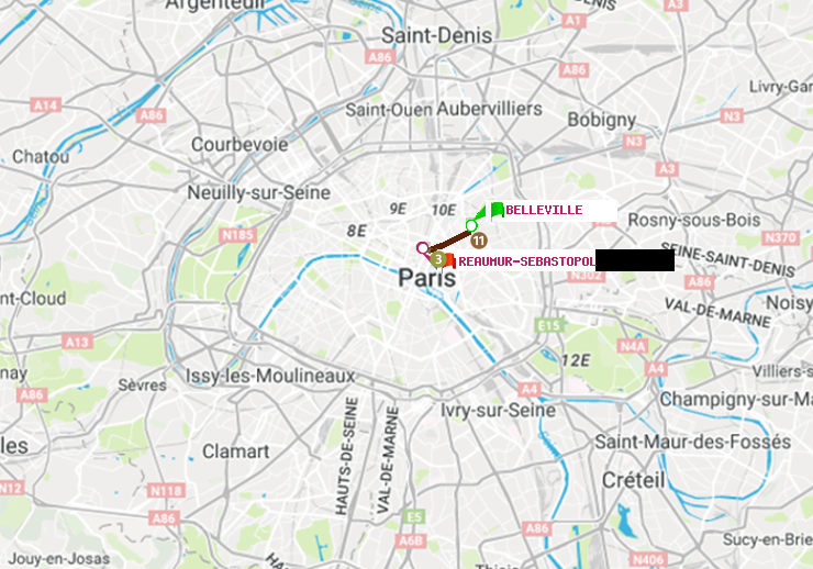 plan itinéraire ratp de Belleville à Réaumur-Sébastopol