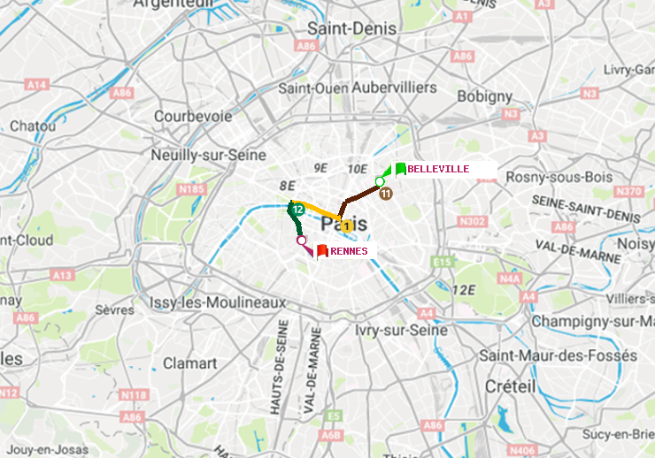 plan itinéraire ratp de Belleville à Rennes