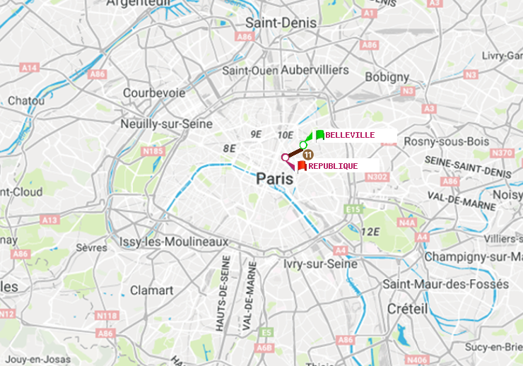 plan itinéraire ratp de Belleville à République